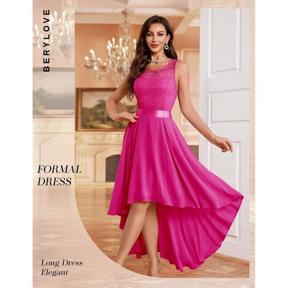 BeryLove Women Rose Chiffon Scoop Neck Sleeveless Lace Cocktail Dresses - Picture 3 of 7